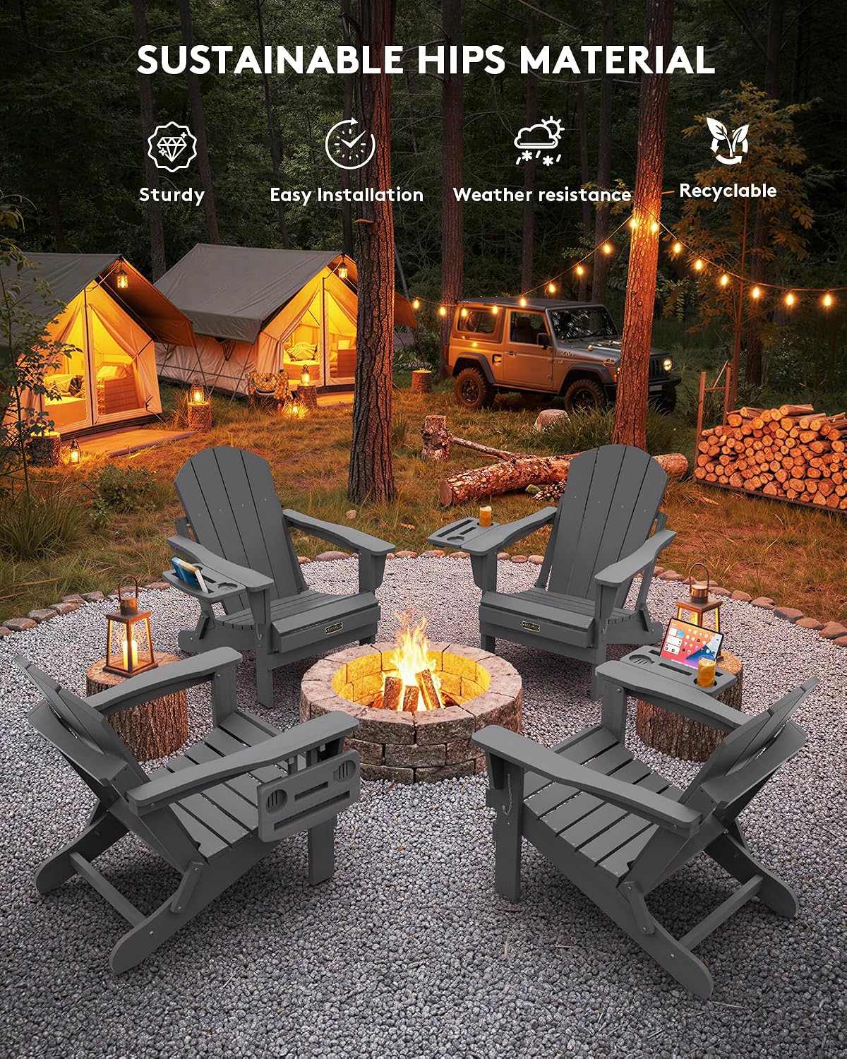 SERWALL Folding Adirondack Chair Set of 2, HIPS Adirondack Chairs with 4 in 1 Multi-Functional Cup Holder, Weather Resistant Plastic Chairs for Patio Garden Outdoors Fire Pit- Gray