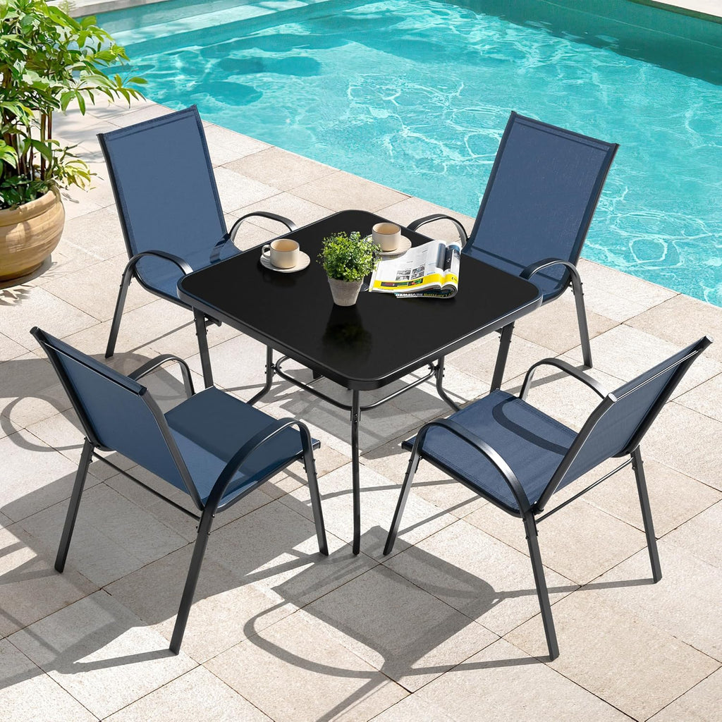 NUU GARDEN 5 Piece Patio Dining Set, 31.5 Inch Square Metal Table with Umbrella Hole and 4 Stackable Chairs, Outdoor Dining Furniture for Lawn Balcony Garden, Black and Blue