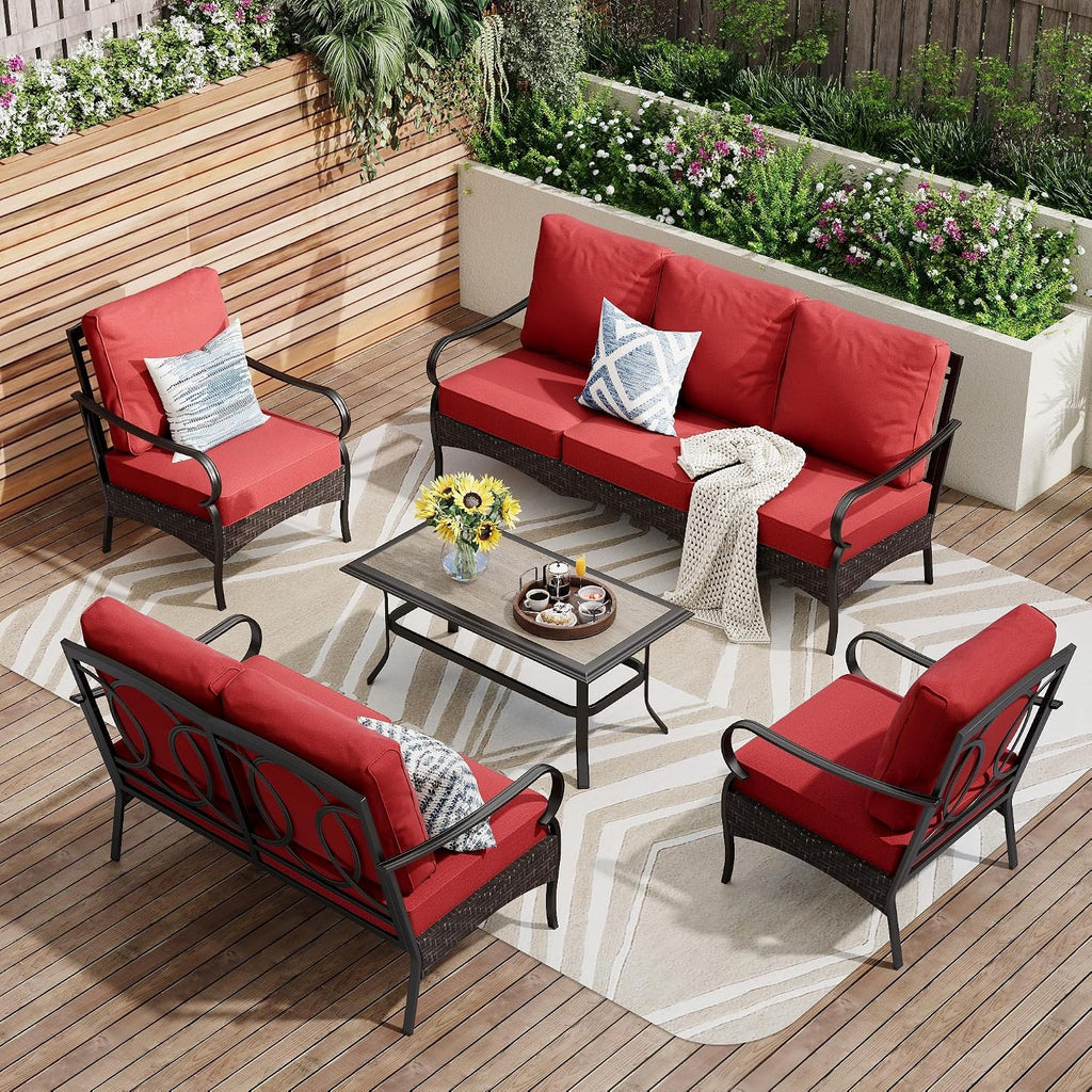 PHI VILLA Outdoor Modern Patio Furniture Set, Upgraded Wicker & Metal Patio Conversation Set with Waterproof Thick Cushions for Porch, Poolside, Yard (5 Pieces,Red)