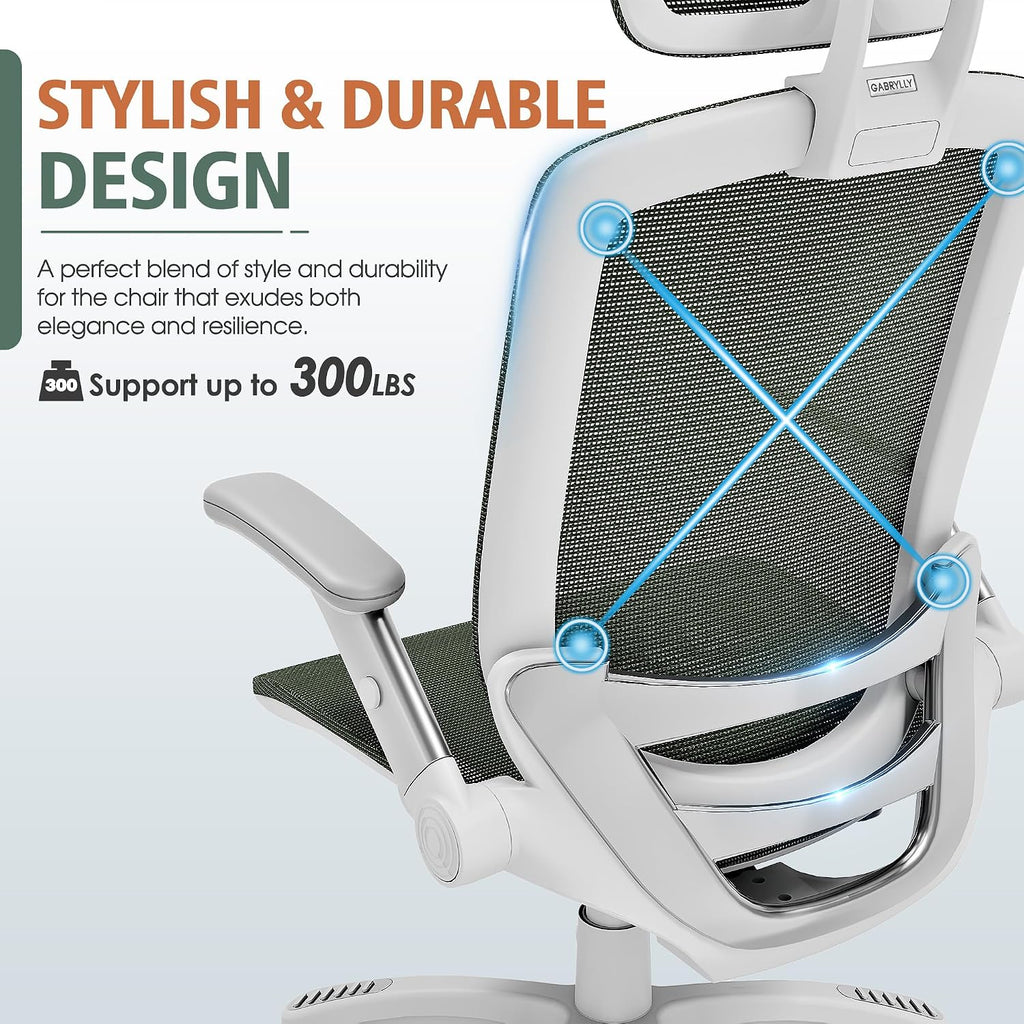 GABRYLLY Ergonomic Office Chair, High Back Home Desk Chair with Headrest, Flip-Up Arms, 90-120° Tilt Lock and Wide Cushion, 300LBS Mesh Chairs for Man Woman, White Task Chair(Olive Green,GY01WOG)
