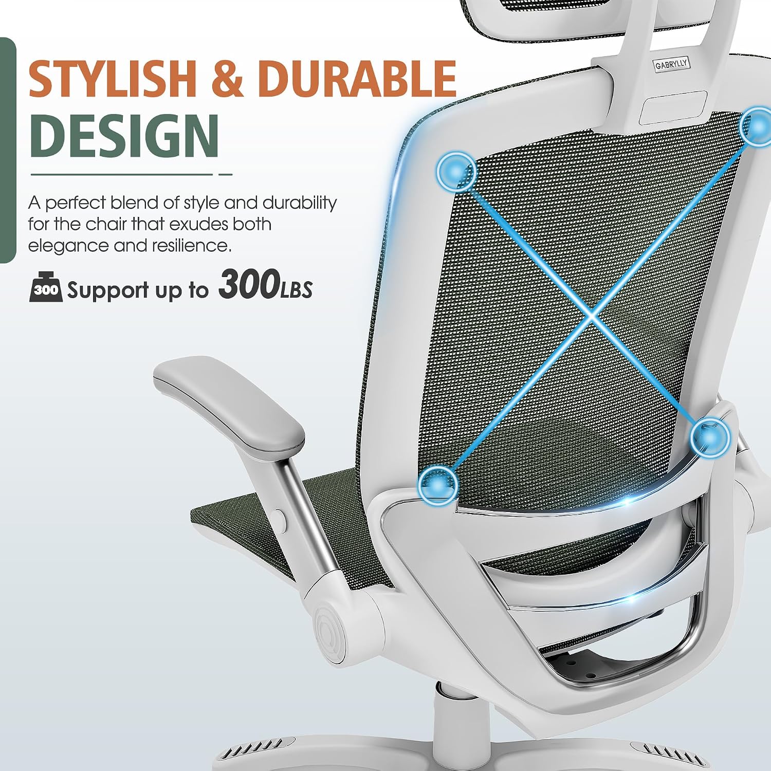 GABRYLLY Ergonomic Office Chair, High Back Home Desk Chair with Headrest, Flip-Up Arms, 90-120° Tilt Lock and Wide Cushion, 300LBS Mesh Chairs for Man Woman, White Task Chair(Olive Green,GY01WOG)