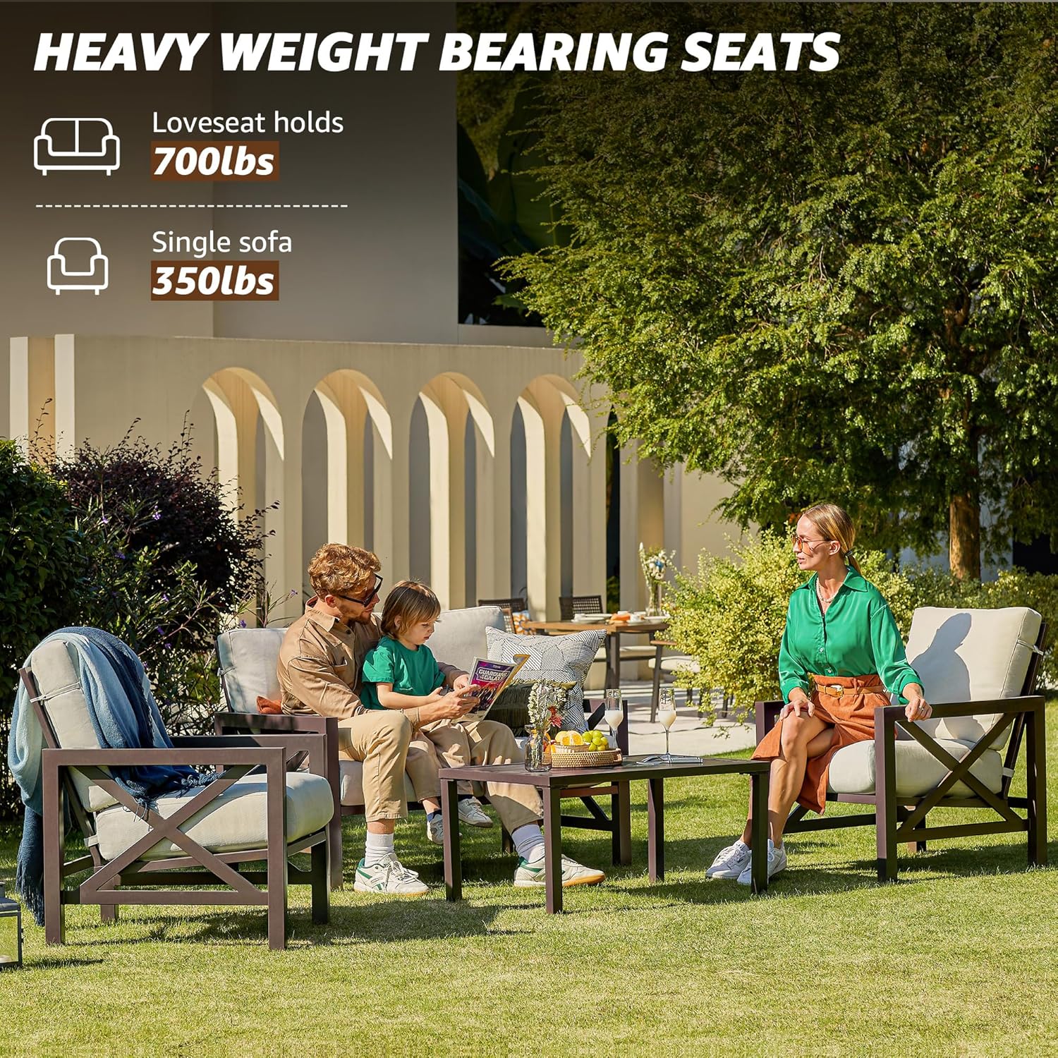 NATURAL EXPRESSIONS 4 Pieces Patio Furniture Sets,Outdoor Sectional Metal Furniture Conversation Set with Loveseat Chair,2 Single Chairs 1 Metal Table,6.5' Beige Cushions for Yard,Garden