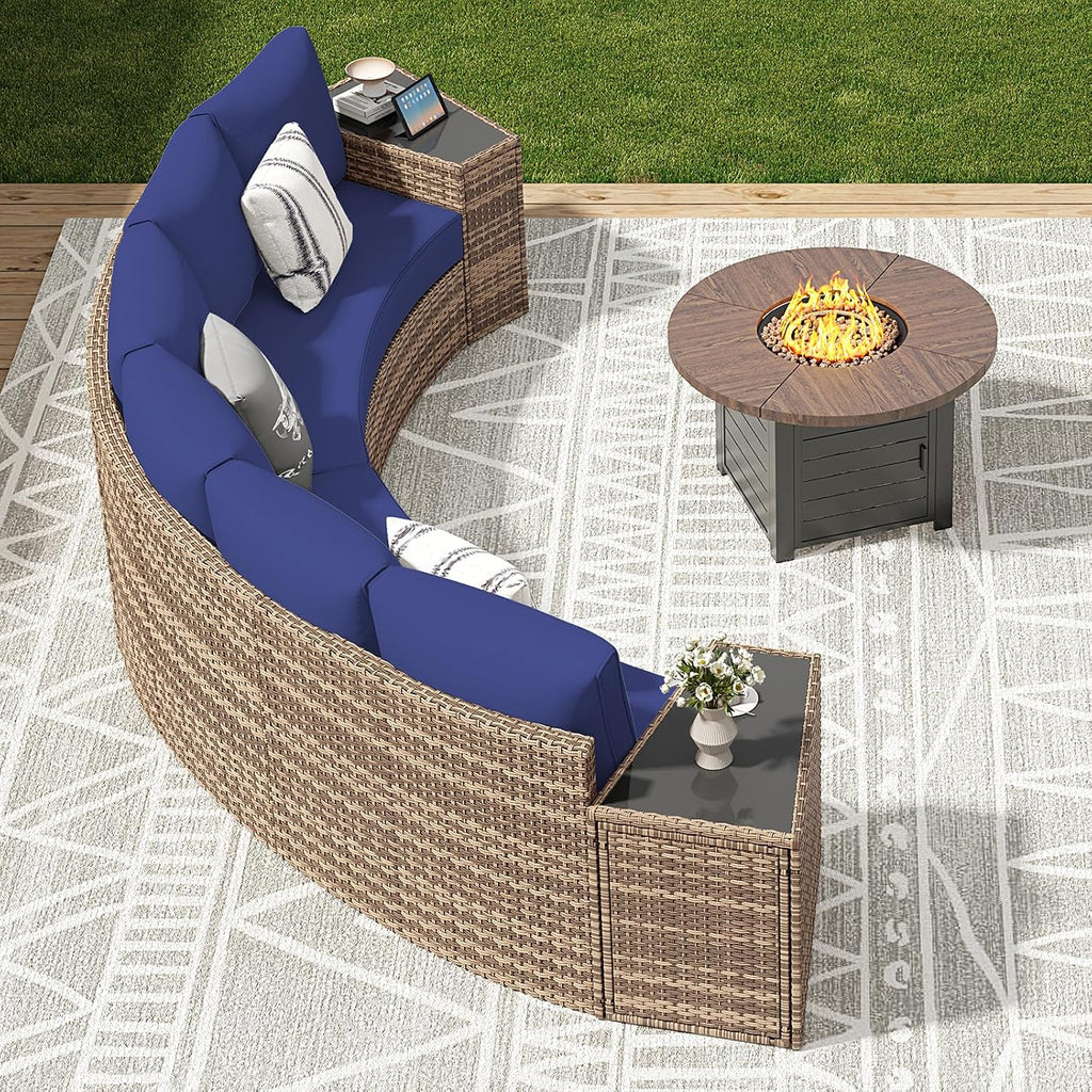 LUXOAK 6-Piece Wicker Patio Furniture Set, Waterproof Half-Moon Sectional Sofa with Cushions, Rattan Outdoor Conversation Set for Garden, Pool, Beach & Balcony, Blue