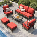 PHI VILLA Patio Furniture Set, Upgraded Wicker & Metal Modern Outdoor Conversation Sets Patio Sectional Fixed Chair Set with Coffee Table & Waterproof Thick Cushions for Porch, Deck(6 Pieces, Red)