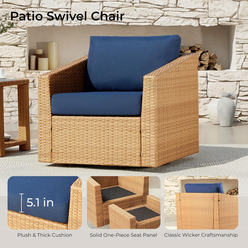 CHITA 5 Pieces Swivel Wicker Patio Furniture Set, Outdoor Conversation Set with 2 Pieces Rattan Swivel Chairs, 2 Pieces Ottomans, Thickened Cushions and Side Table, Blue Cushions with Brown Wicker