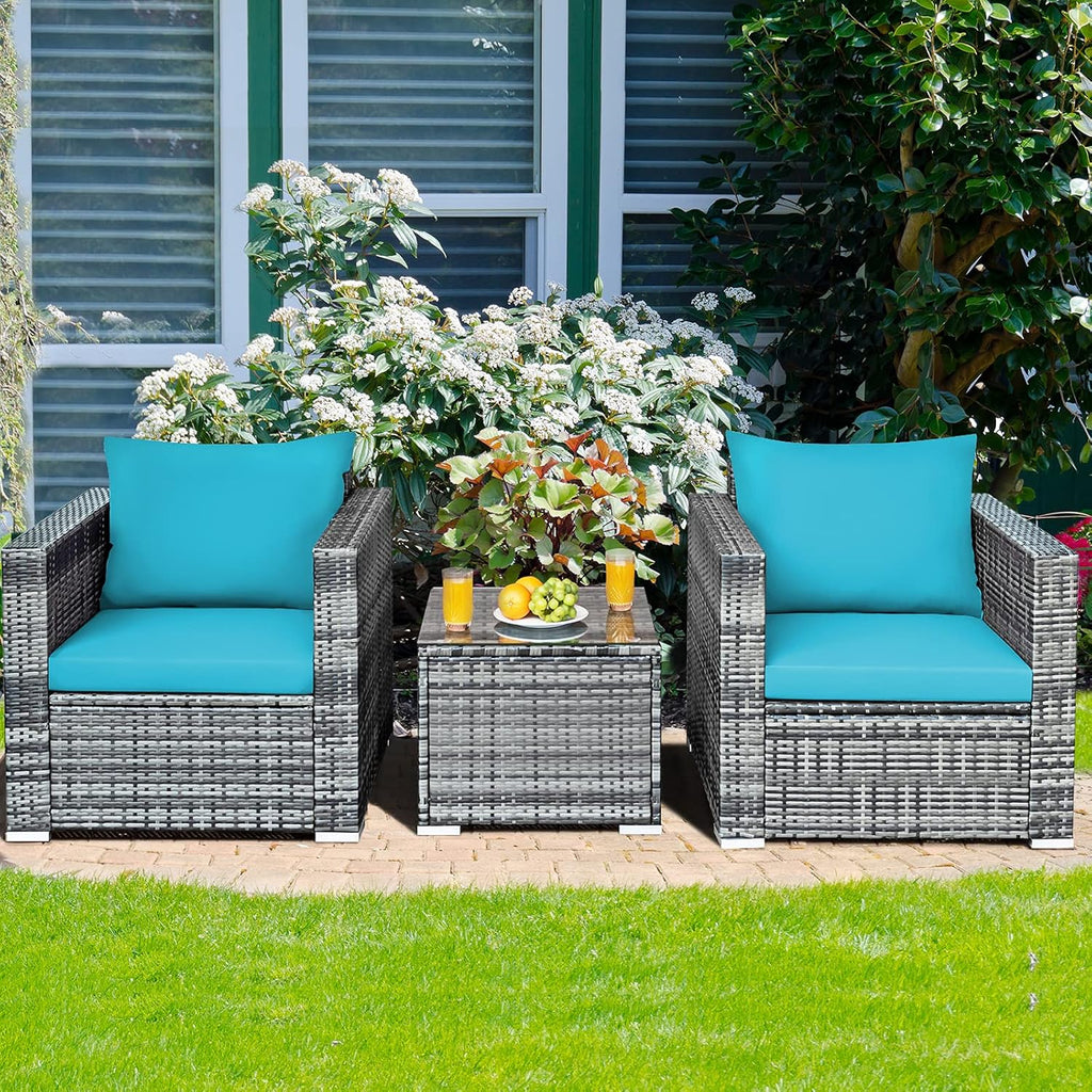 HAPPYGRILL 3 Piece Patio Conversation Set Outdoor Rattan Wicker Sofa Set with Coffee Table Patio Furniture Set with Soft Cushions for Balcony Porch Backyard Garden