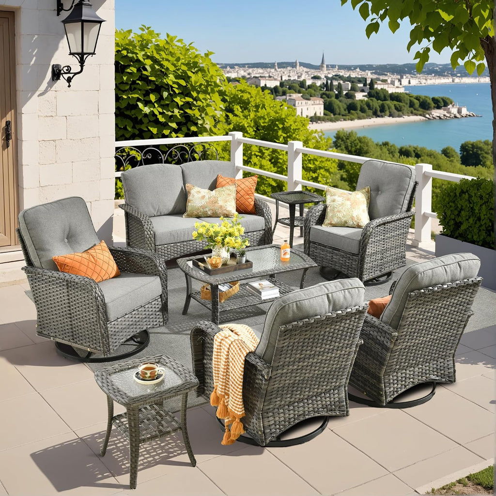 Weaxty 8 Pieces Outdoor Patio Furniture Sets with Swivel Rocking Patio Chairs and Loveseat Sofa,Coffee Table,All Weather Wicker Conversation Set for Deck Backyard Porch Poolside, Dark Gray