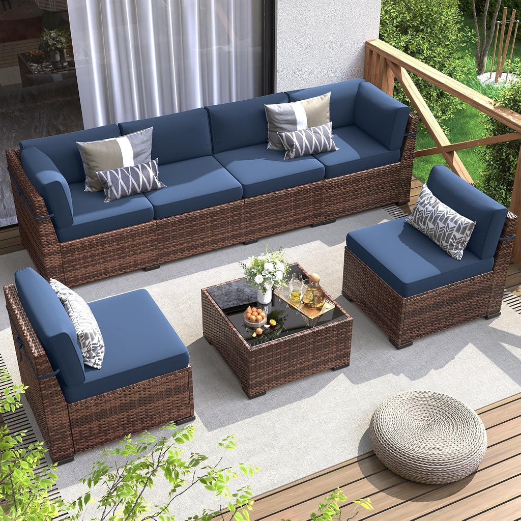 Patio Furniture Set, 7 Pieces Outdoor Modular Conversation Set Wicker Sectional Sofa for All Weather Rattan Patio Couch for Porch Garden Backyard Balcony Poolside (Blue)
