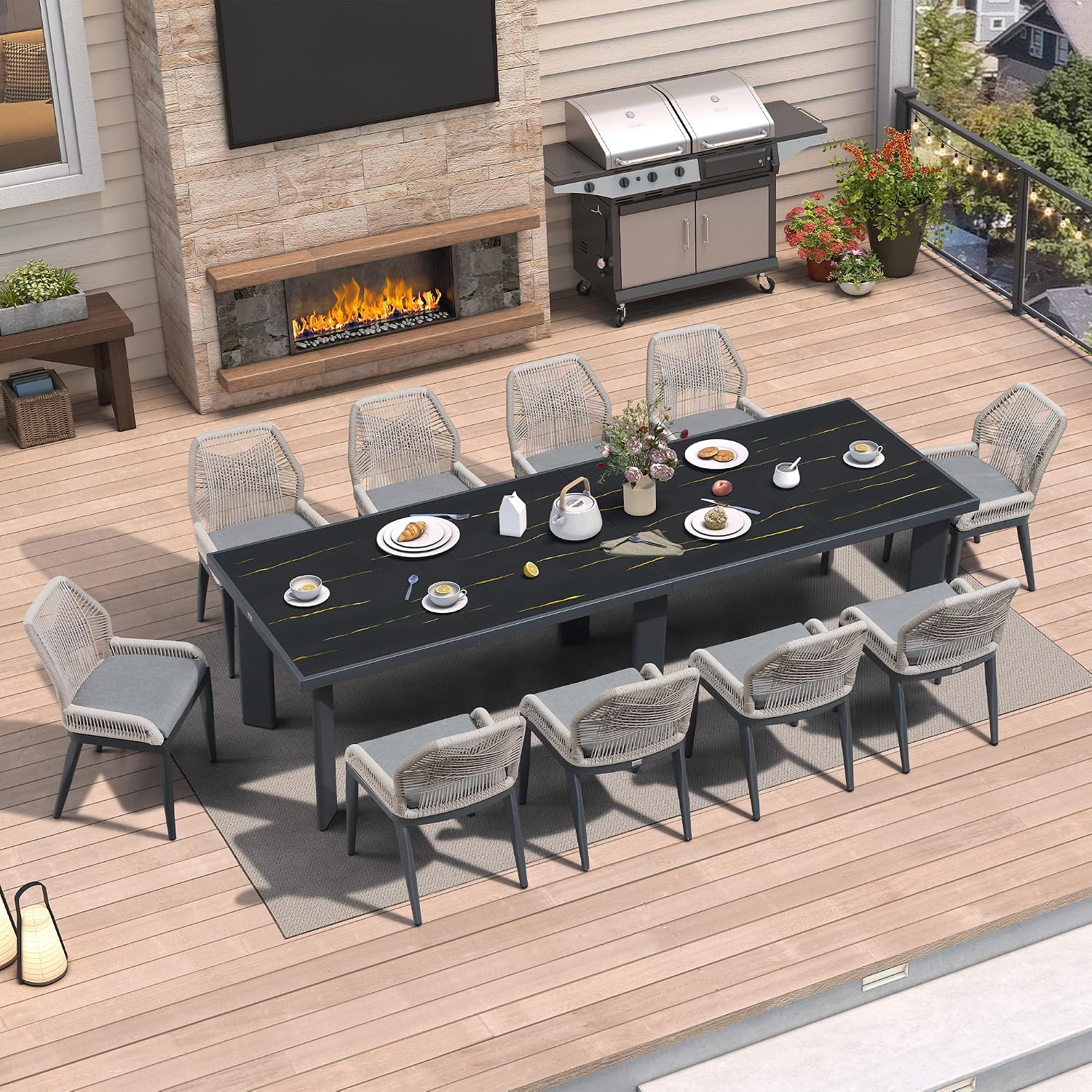 PURPLE LEAF 11 Pieces Patio Dining Set Aluminum Rectangular Table and Wicker Chairs with Cushions for Kitchen Porch Garden Modern Outdoor Furniture Sets, Dark Grey