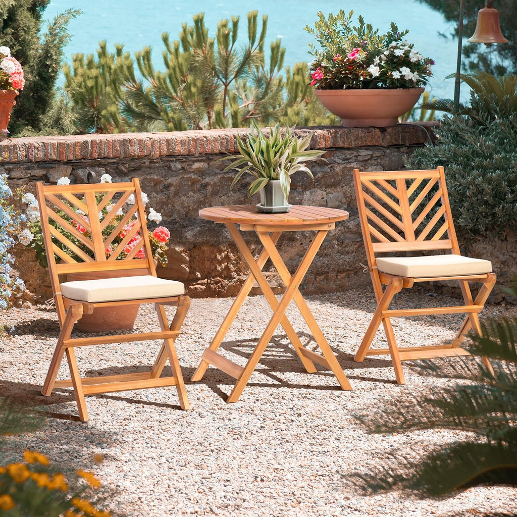 Werph 3-Piece Acacia Wood Patio Set, Foldable Bistro Table and Chairs Set of 2, Small Patio Furniture Set with Cushions, Folding Balcony Chairs Table Set for Apartment, Balcony, Deck or Porch