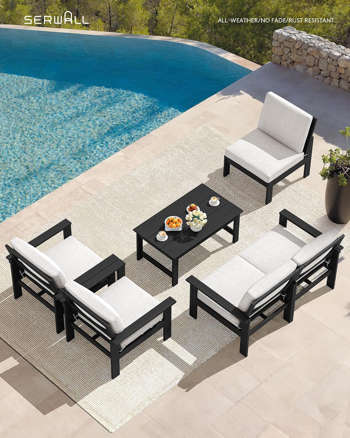 SERWALL HDPE Patio Conversation Set, 6-piece Sectional Outdoor Furniture Set, All Weather Outdoor Couch Set Patio Furniture Set for Deck, Lawn, Black Frame with Khaki Cushion