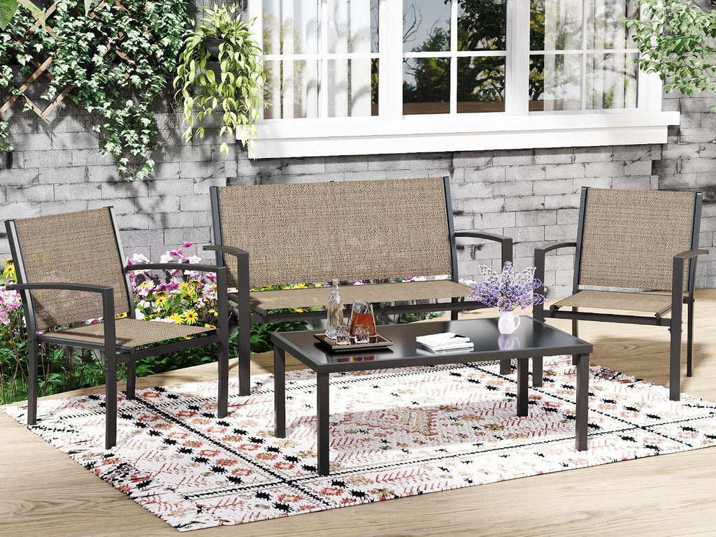 Greesum GS-LCT4PCSBN 4 Pieces Patio Furniture Set Outdoor Conversation Textilene Fabric Chairs for Lawn, Garden, Balcony, Poolside with A Glass Coffee Table, Brown