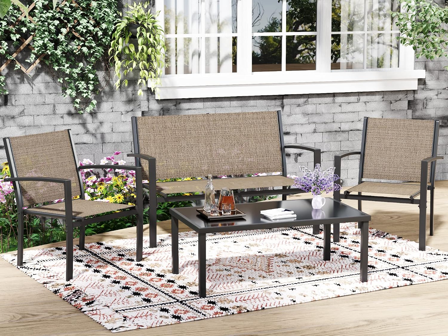 Greesum GS-LCT4PCSBN 4 Pieces Patio Furniture Set Outdoor Conversation Textilene Fabric Chairs for Lawn, Garden, Balcony, Poolside with A Glass Coffee Table, Brown