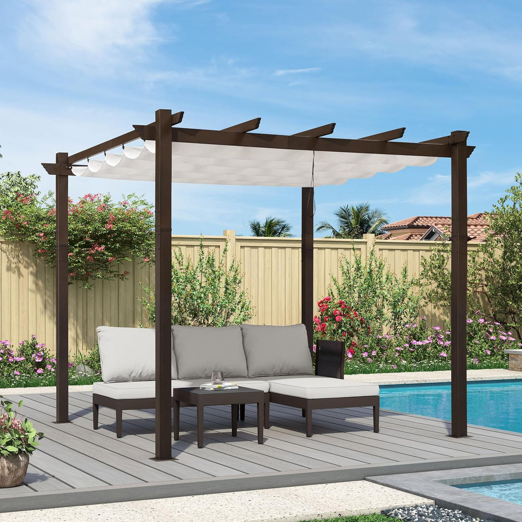 PURPLE LEAF Pergola 10' X 10' Outdoor Retractable Metal Pergola with Canopy Patio Shade for Garden Yard Pavilion Grill for Beach Deck Gazebo, White