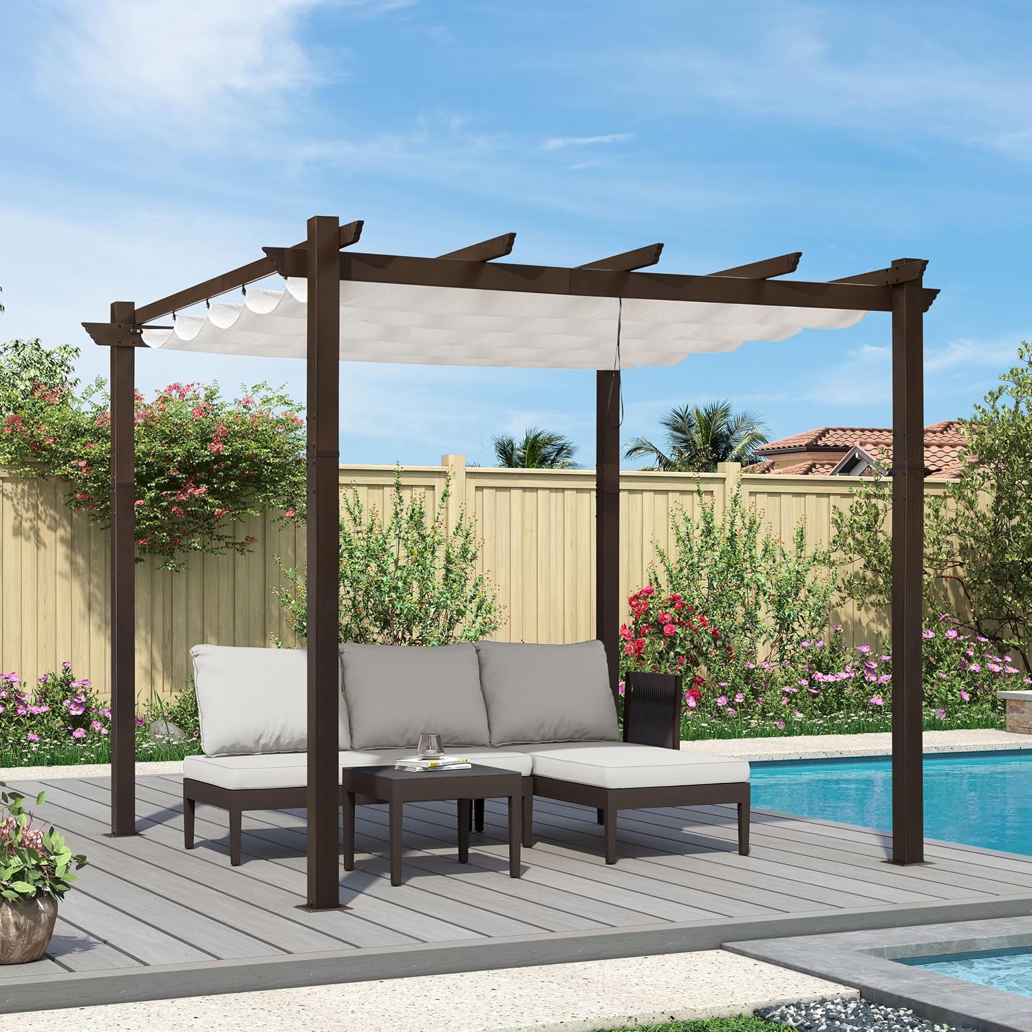 PURPLE LEAF Pergola 10' X 10' Outdoor Retractable Metal Pergola with Canopy Patio Shade for Garden Yard Pavilion Grill for Beach Deck Gazebo, White