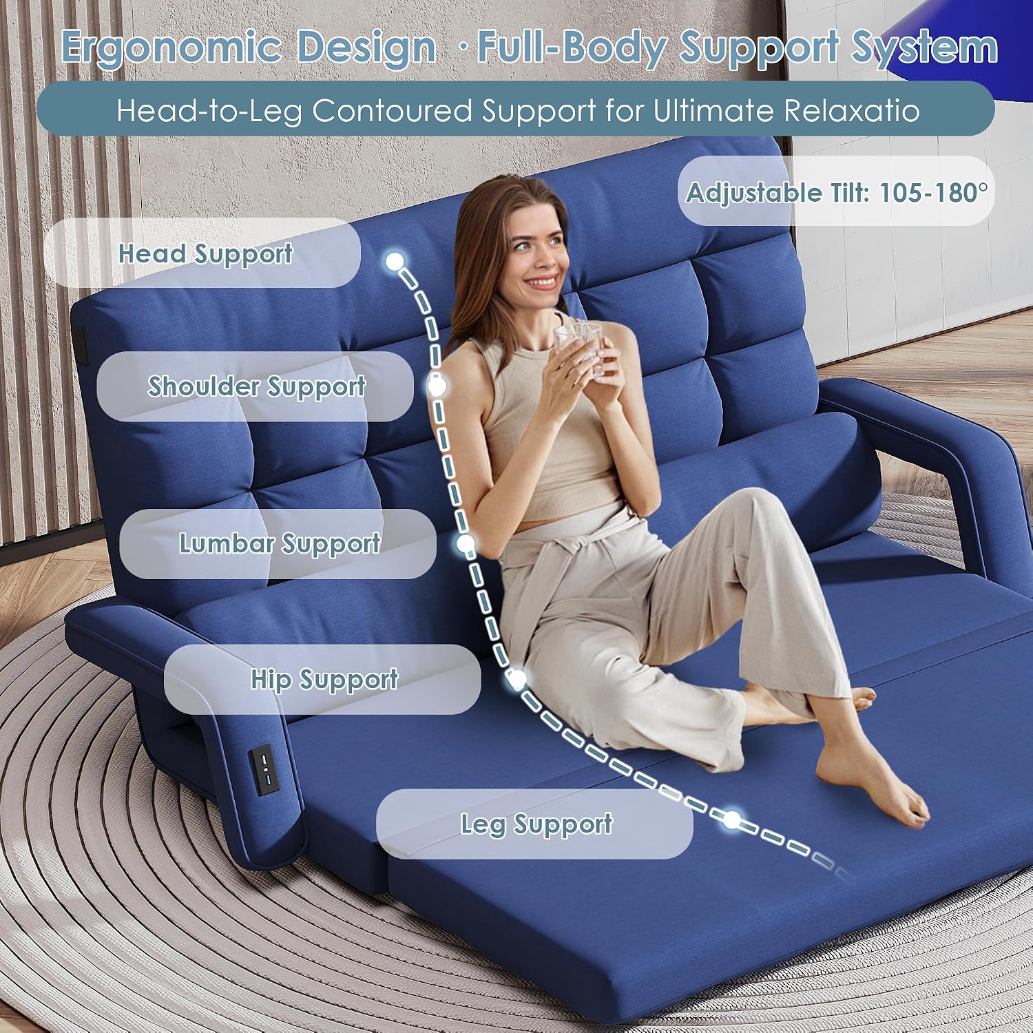 STHOUYN Comfy Bedroom Chair with 2 USB Charging Ports, 5-Position Floor Couch Gaming Chairs for Adults, Lounge Chair Indoor Folding Lazy Sofa Meditation Arm Dorm Chair Living Room (Navy Blue)