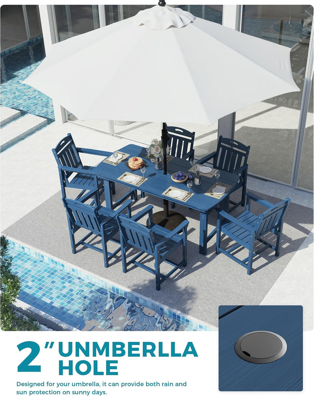 Ciokea HDPE Outdoor Dining Set, 7-Piece Patio Table and Chairs Set with Umbrella Hole, All-Weather Patio Dining Sets for 6, Durable Patio Furniture for Backyard, Garden, Lawn & Poolside, Navy Blue