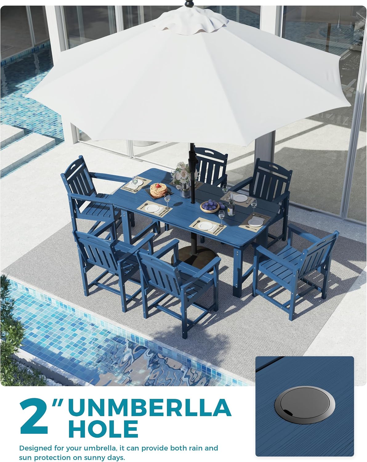 Ciokea HDPE Outdoor Dining Set, 7-Piece Patio Table and Chairs Set with Umbrella Hole, All-Weather Patio Dining Sets for 6, Durable Patio Furniture for Backyard, Garden, Lawn & Poolside, Navy Blue