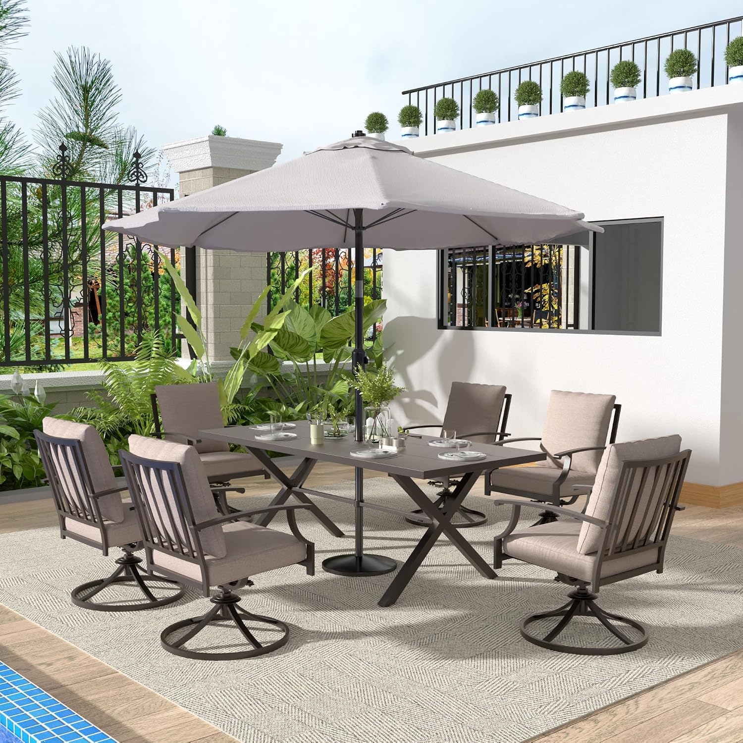 Gotland 7 Piece Outdoor Dining Set, Metal Outdoor Table and Swivel Chairs with X-Shaped Legs 1.5' Umbrella Hole, Patio Furniture Set with Waterproof Cushions, Patio Dining Sets for Backyard Deck Khaki