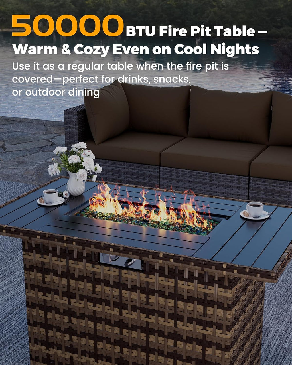 UDPATIO Furniture Set with Fire Pit Table, 8 Piece Sectional Sofas, All-Weather Wicker Conversation for Garden, Backyard, Dark Grey