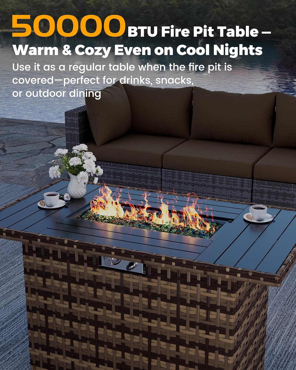 UDPATIO Furniture Set with Fire Pit Table, 8 Piece Sectional Sofas, All-Weather Wicker Conversation for Garden, Backyard, Dark Grey