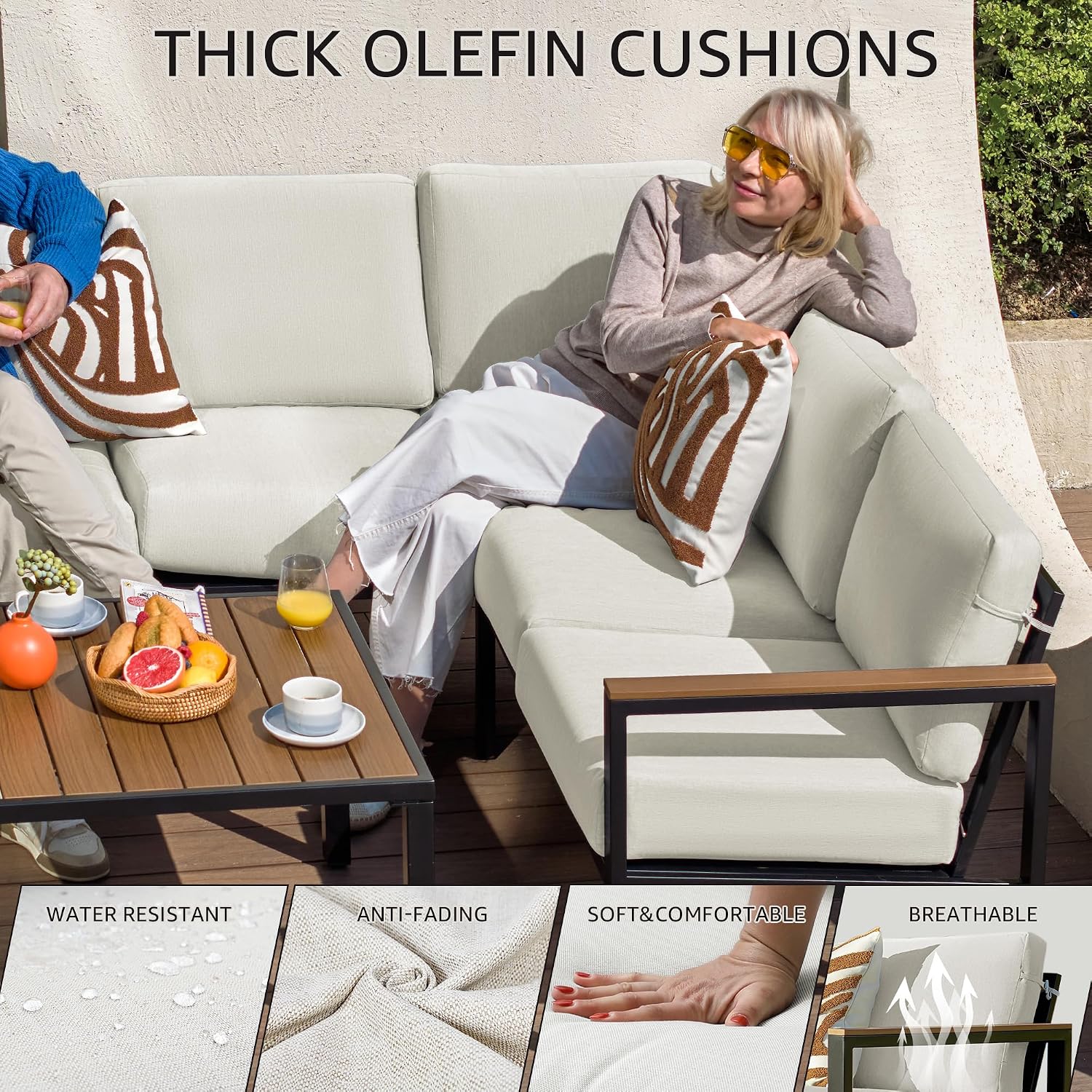 NATURAL EXPRESSIONS 6 Pieces Patio Furniture Set, Outdoor Couch with Thick Olefin Cushions, Fauxwood Armrest and Tabletop, Ergonomic Design Highback, Sectional Outdoor Furniture for Backyard, Deck