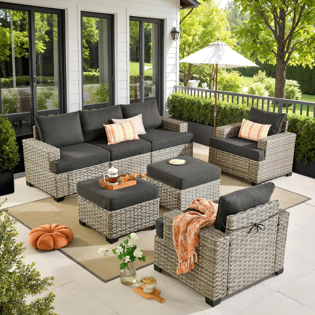 HOOOWOOO Outdoor Sectional Patio Furniture Set,7 Pieces Wicker Conversation Sets,Extra Deep Out Door Sofa Outside Furniture Couch with Ottoman,Charcoal Gray