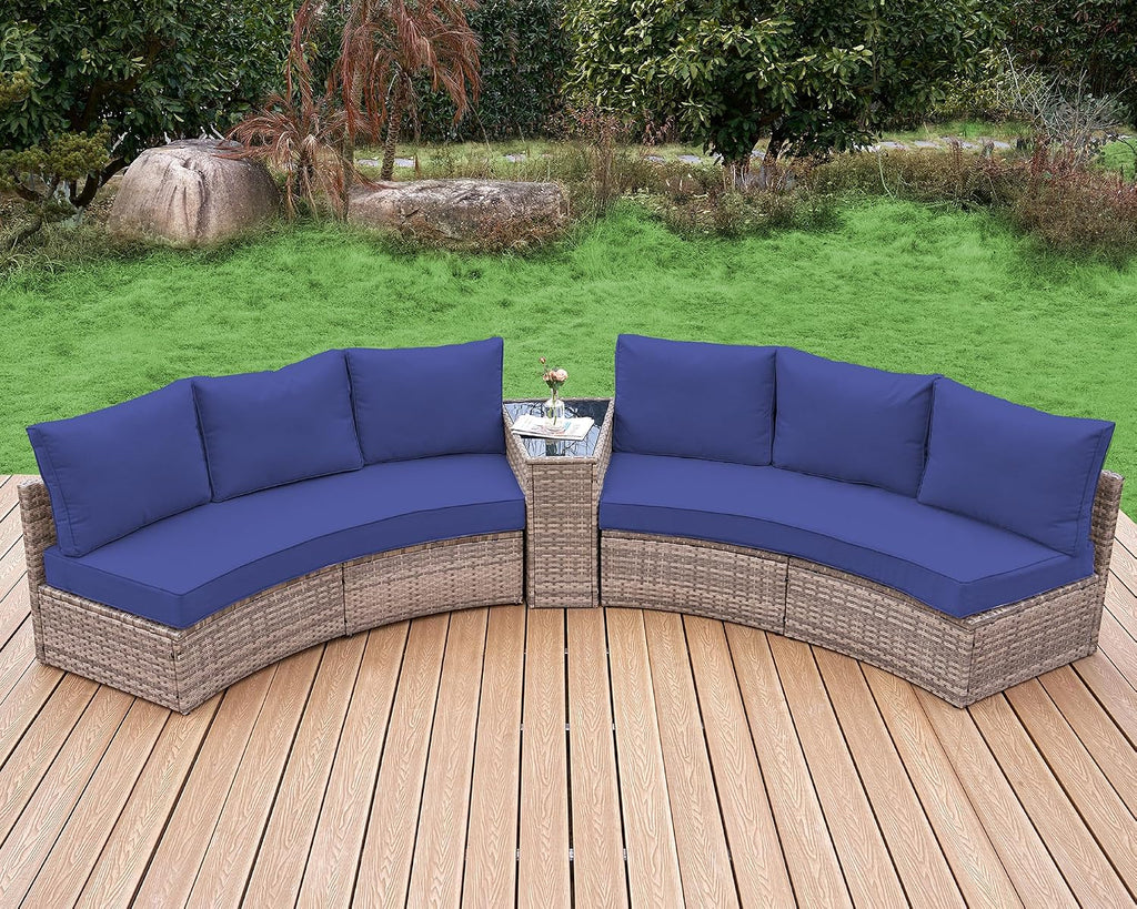LUXOAK 6-Piece Wicker Patio Furniture Set, Waterproof Half-Moon Sectional Sofa with Cushions, Rattan Outdoor Conversation Set for Garden, Pool, Beach & Balcony, Blue