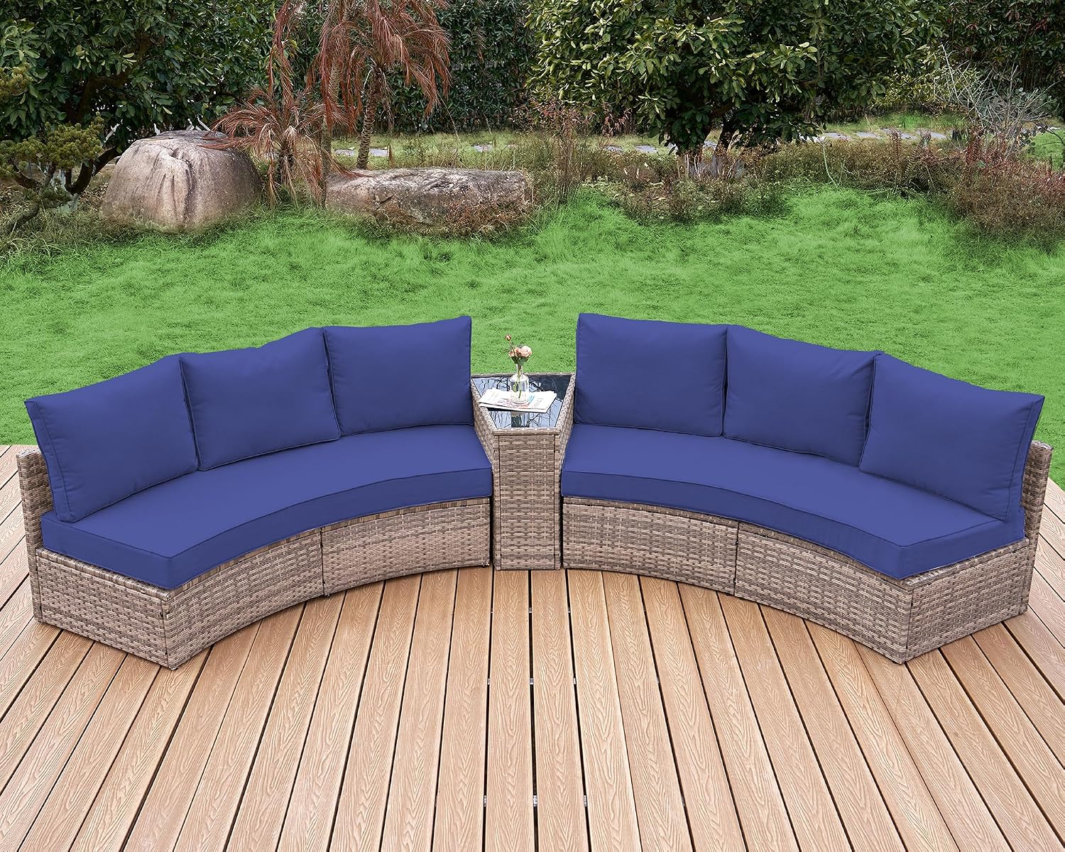 LUXOAK 6-Piece Wicker Patio Furniture Set, Waterproof Half-Moon Sectional Sofa with Cushions, Rattan Outdoor Conversation Set for Garden, Pool, Beach & Balcony, Blue