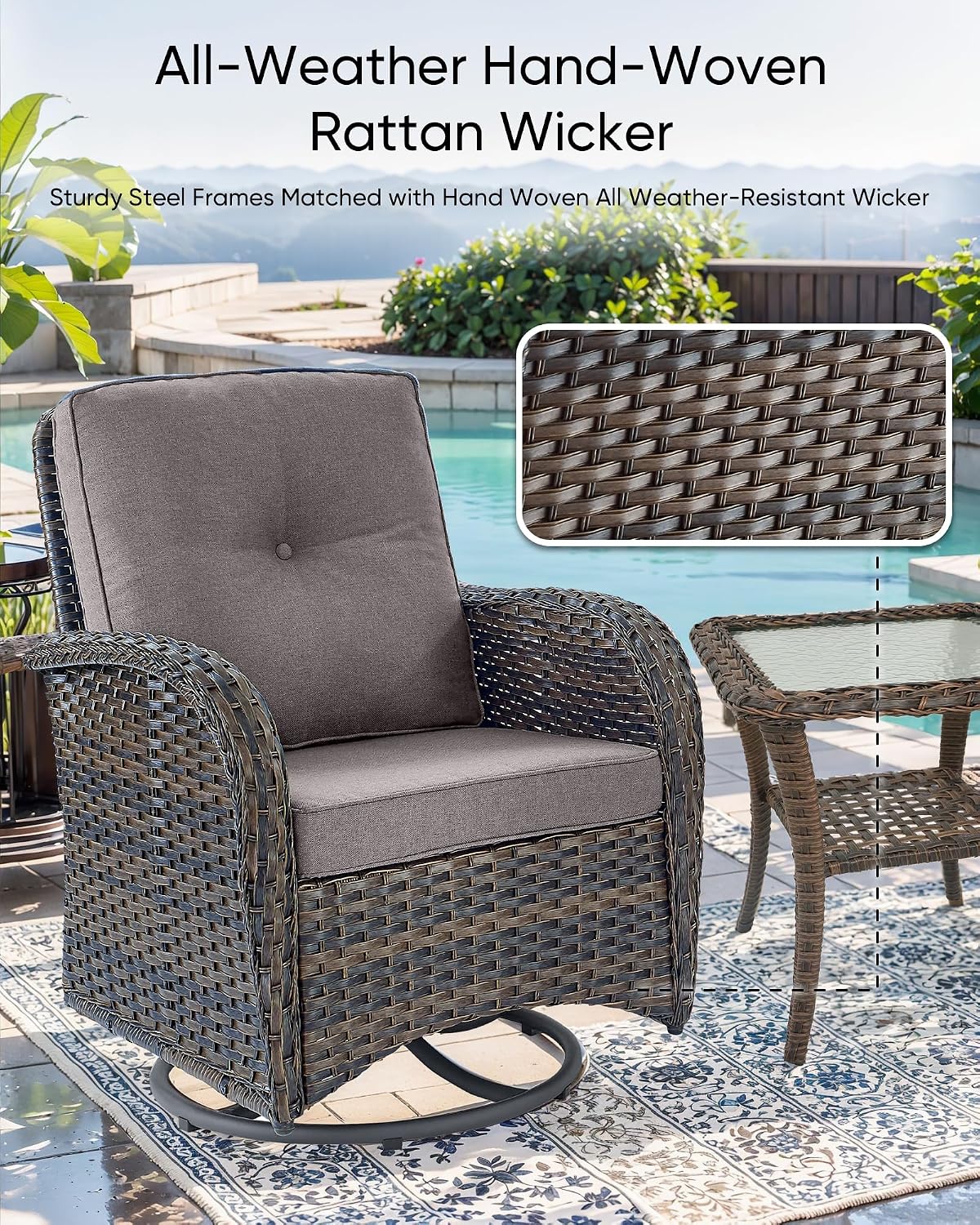 HUMMUH Outdoor Swivel Chairs,3 Pieces Patio Furniture Set with 360 Degree Wicker Swivel Rocking Chairs and Side Table for Garden,Porch,Backyard (Brown/Grey)
