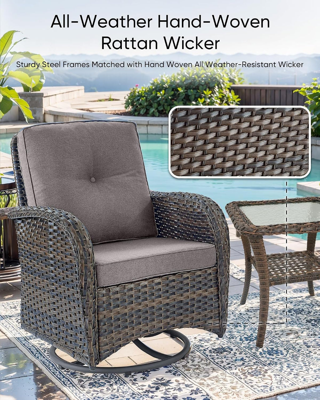 HUMMUH 5-Piece Patio Furniture Set with Fire Pit,Wicker Outdoor Swivel Rocker Chairs Patio Sofa for Backyard,Poolside,Deck,Brown Grey