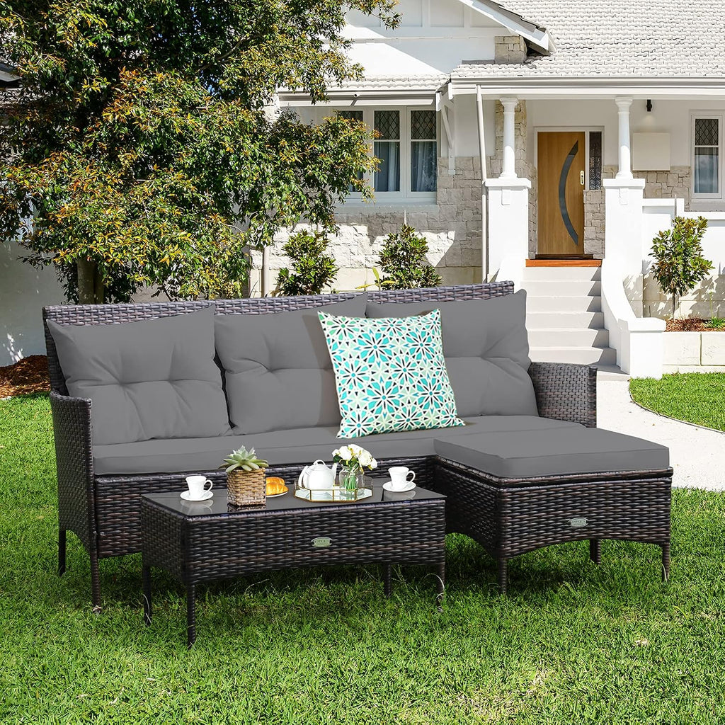 Tangkula 3 Pieces Patio Conversation Set, All Weather Outdoor PE Rattan Wicker Furniture Set with Padded Cushions, Tempered Glass Coffee Table, for Poolside, Backyard, Garden (Gray)