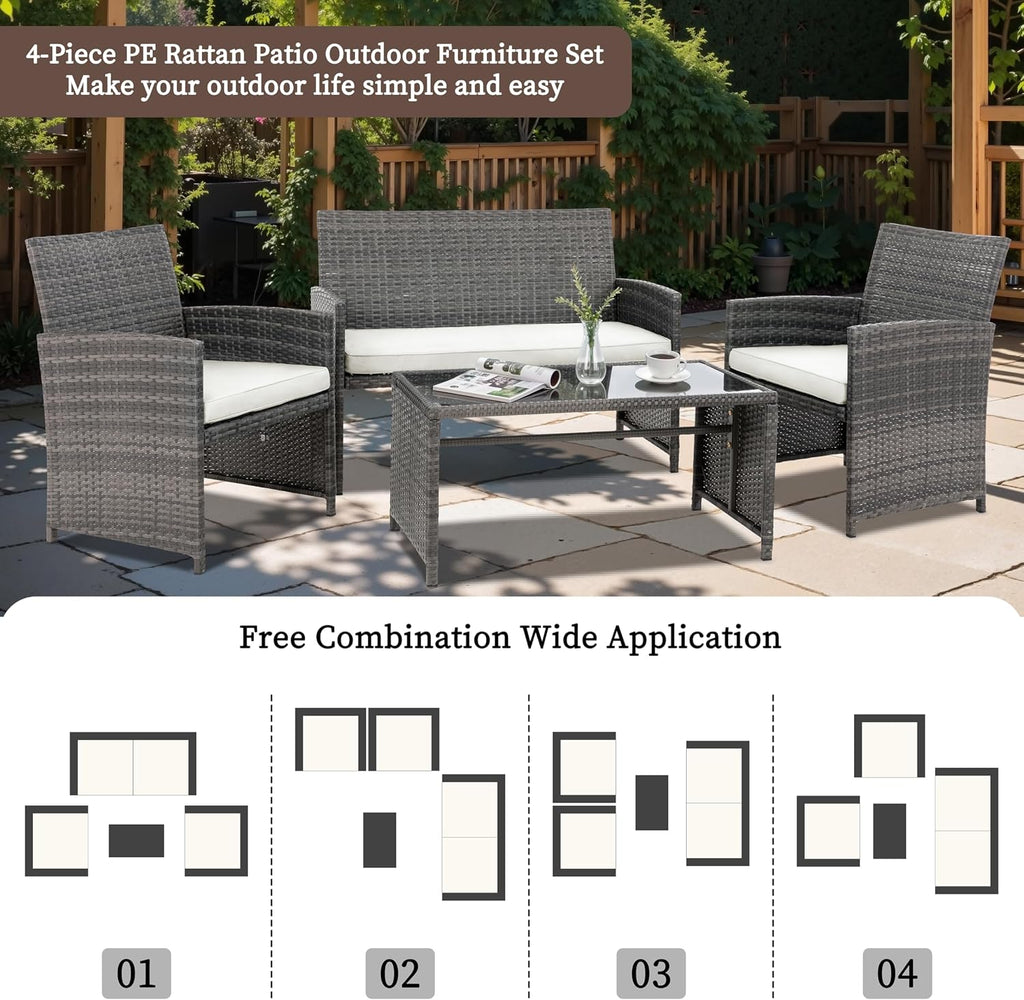 4 Piece Patio Ratten Set Outdoor Furniture Set Wicker Conversation Set with Cushions and Tempered Glass Tabletop,Beige