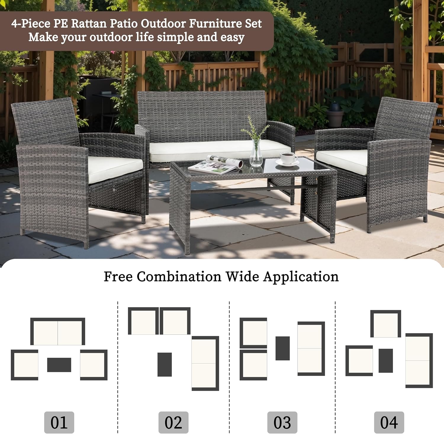 4 Piece Patio Ratten Set Outdoor Furniture Set Wicker Conversation Set with Cushions and Tempered Glass Tabletop,Beige