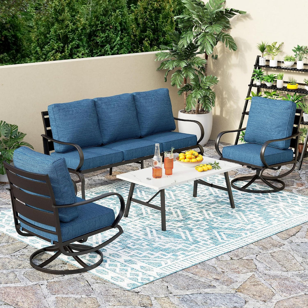 PHI VILLA 4 PCS Patio Furniture Sets for 5 Person with 1 x 3-Seat Deep Seating Bench, 2 x Cushioned Swivel Sofa Chairs & 1 x Coffee Table, Outdoor Metal Conversation Set for Lawn Garden, Peacock Blue