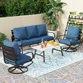 PHI VILLA 4 PCS Patio Furniture Sets for 5 Person with 1 x 3-Seat Deep Seating Bench, 2 x Cushioned Swivel Sofa Chairs & 1 x Coffee Table, Outdoor Metal Conversation Set for Lawn Garden, Peacock Blue