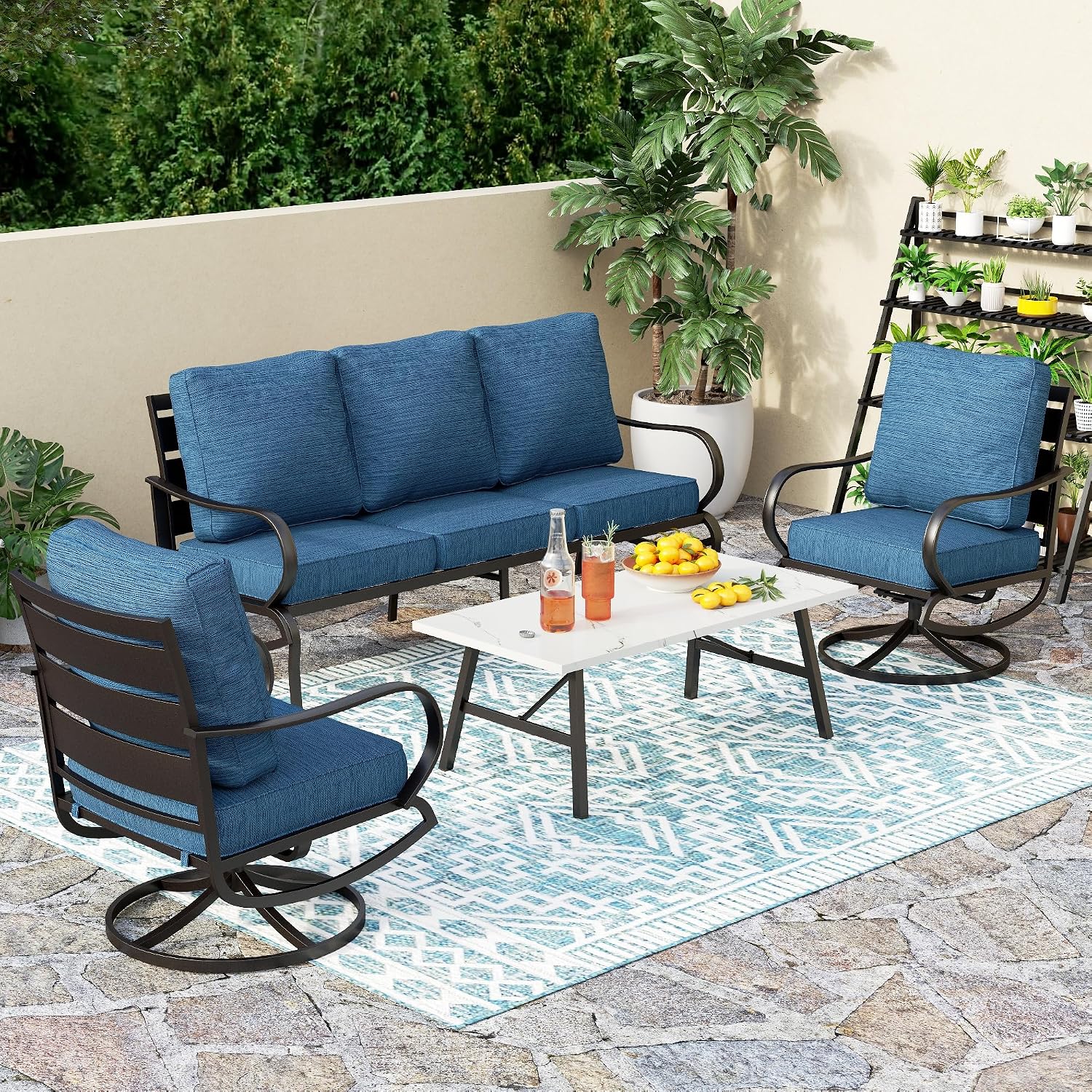 PHI VILLA 4 PCS Patio Furniture Sets for 5 Person with 1 x 3-Seat Deep Seating Bench, 2 x Cushioned Swivel Sofa Chairs & 1 x Coffee Table, Outdoor Metal Conversation Set for Lawn Garden, Peacock Blue