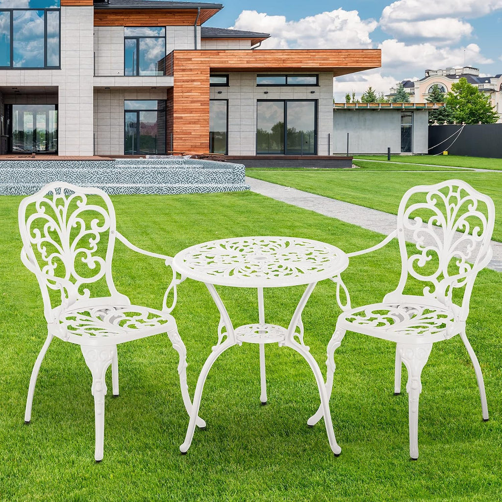 Patio Bistro Sets 3 Piece,Cast Aluminum Bistro Table and Chairs Set of 2 with 1.97' Umbrella Hole,All Weather Bistro Table Set Outdoor Patio Furniture for Garden,Yard(Butterfly White)