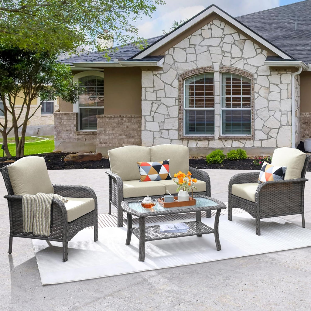 ovios 4-Piece Patio Furniture Set, Outdoor Wicker Sofa with Chairs Coffee Table, High Back Rattan Couch Loveseat with Comfy Cushions for Porch Yard Deck, Beige