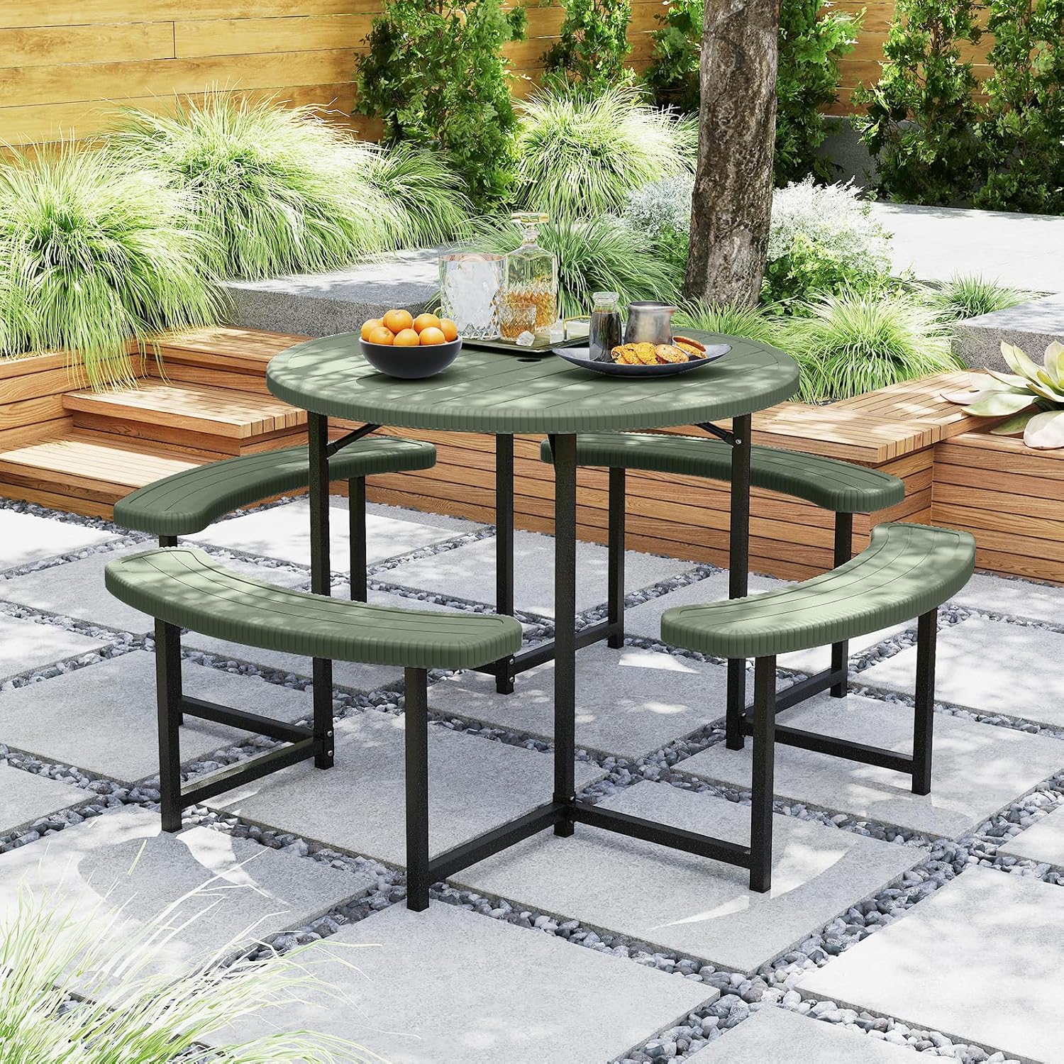 Giantex Picnic Table Bench Set for 4-8 Person, Round 37' Outdoor Dining Table w/Umbrella Hole, HDPE Tabletop, Metal Frame, Patio Furniture Set for Backyard Porch Lawn, 1400lb Capacity (Green,Round)