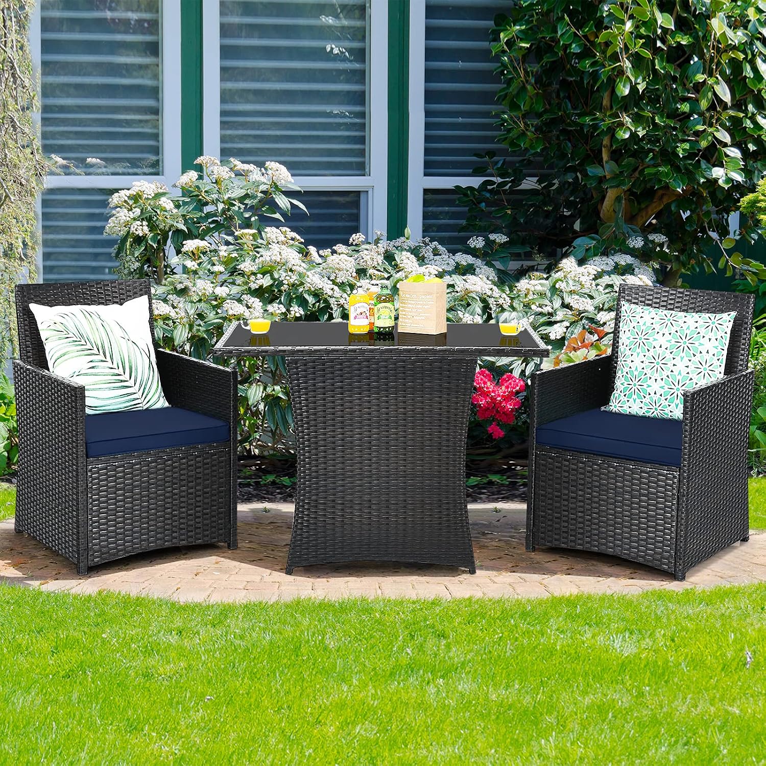 Tangkula 3 Pieces Patio Dining Set, Space-Saving PE Rattan Bistro Set with Tempered Glass Top Table and Cushioned Chairs, Outdoor Conversation Set for Garden Backyard Poolside Porch (Blue)