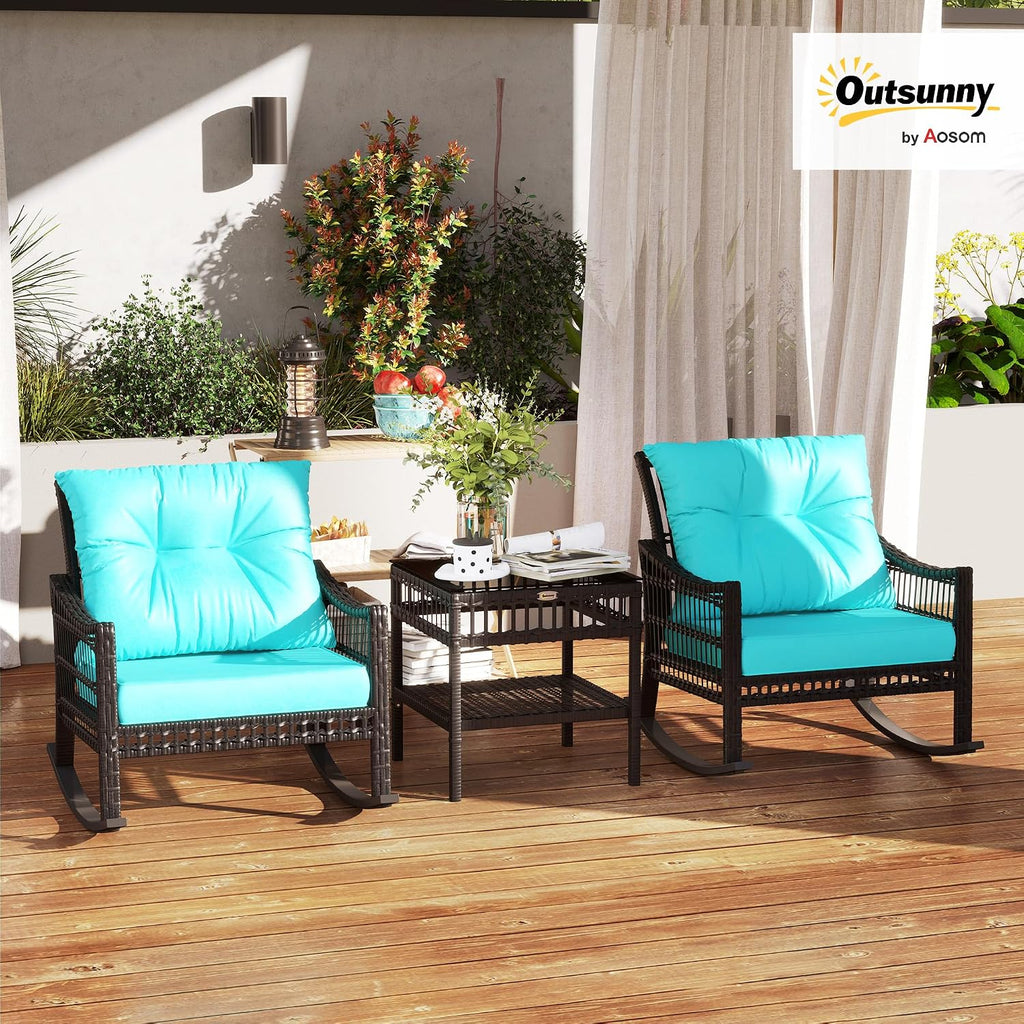 Outsunny Wicker Outdoor Rocking Chair Set, 3 Piece Patio Furniture Set with Padded Cushions and Storage Coffee Table, 2-Seater PE Rattan Bistro Set for Garden Backyard Porch, Turquoise