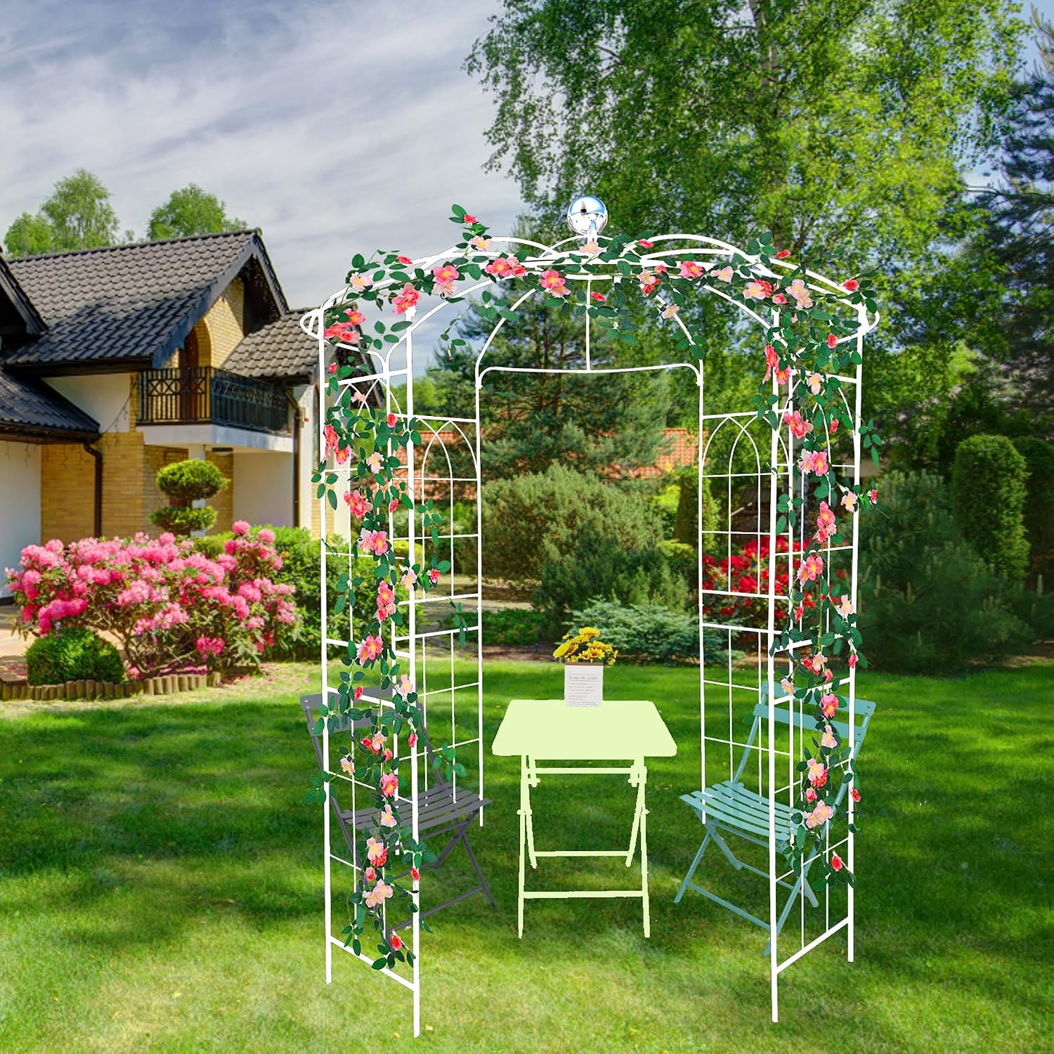 Metal Garden Arch Iron Garden Arbors Gazebo Dia81.3'' x 114.2'' High Birdcage Shape Pergola Pavilion for Wedding Ceremony Outdoor (Cream White)