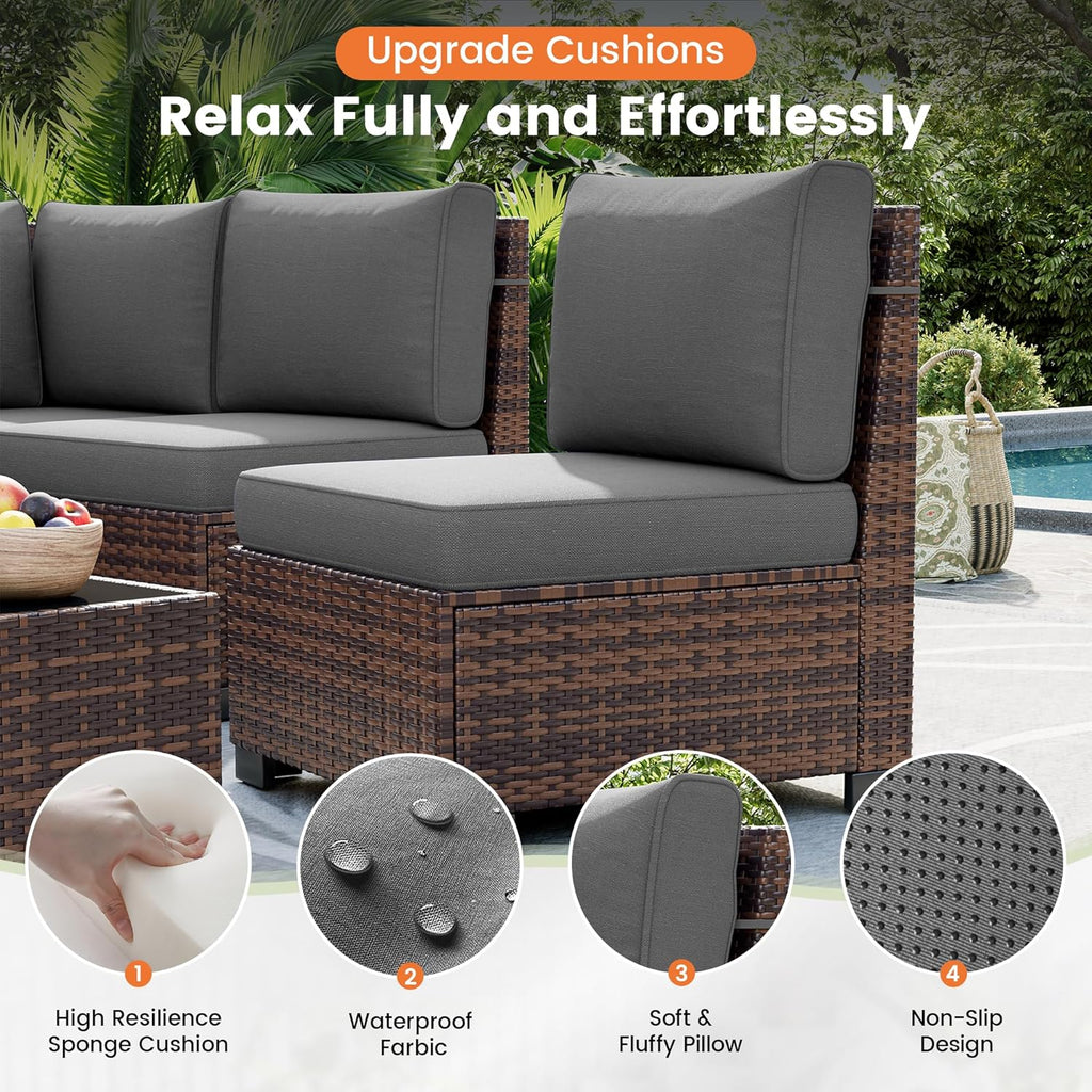 UDPATIO Patio Furniture Set, 8 Inch Armrest Outdoor Sectional Sofa with Wicker Coffee Table, 6 Piece Conversation for Garden, Backyard, Dark Grey