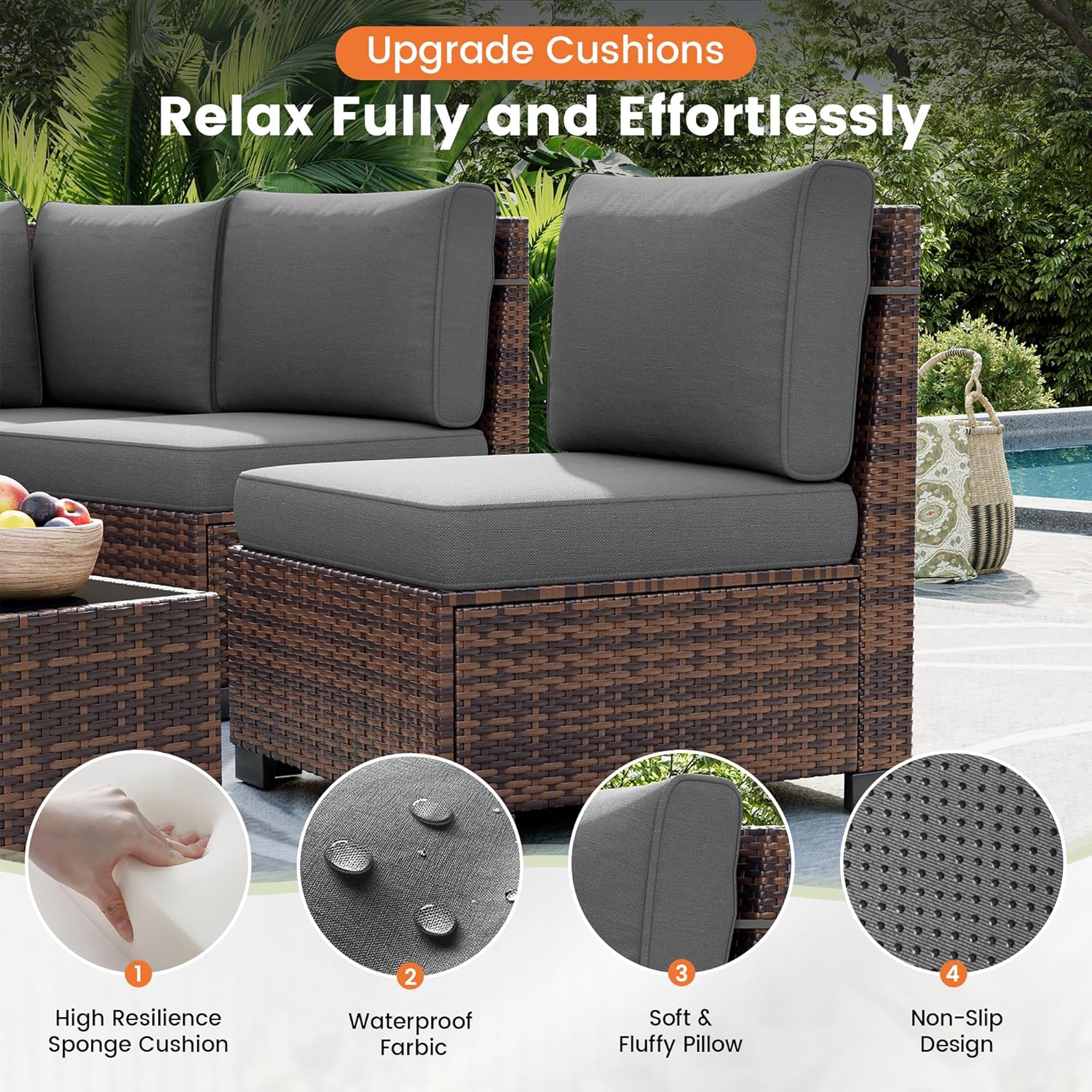 UDPATIO Patio Furniture Set, 8 Inch Armrest Outdoor Sectional Sofa with Wicker Coffee Table, 6 Piece Conversation for Garden, Backyard, Dark Grey