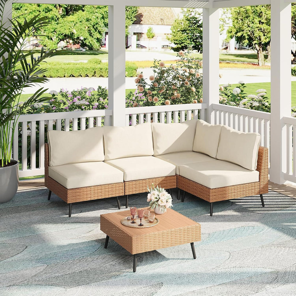 LAUSAINT HOME Outdoor Patio Furniture, 5 Piece Outdoor Sectional Sofa PE Rattan Wicker Patio Conversation Sets, All Weather Patio Furniture Set with Thick Cushions for Garden, Backyard(Beige)