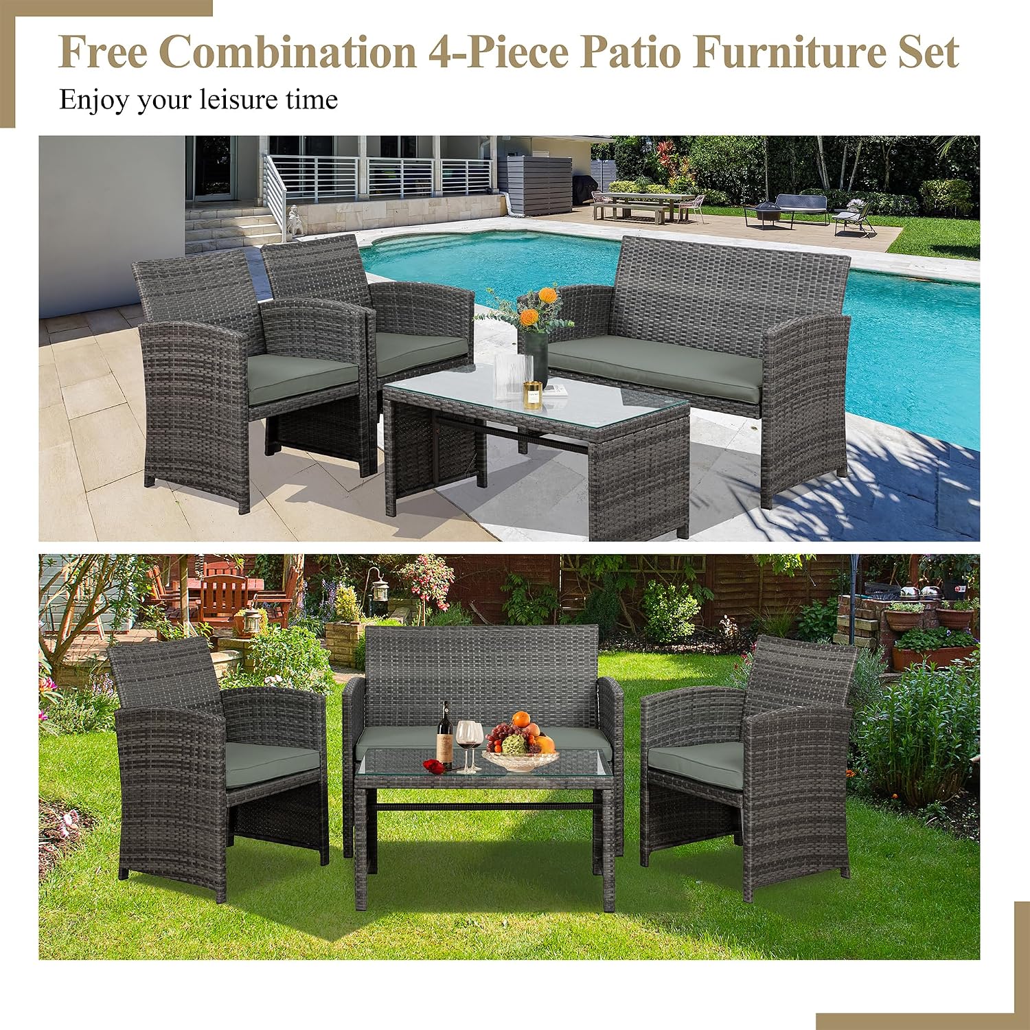 JAMFLY 4 Piece Outdoor Patio Furniture Set, Outdoor Wicker Rattan Chairs Conversation Sets with Cushions & Coffee Table for Outside, Garden, Balcony, Porch, Grey