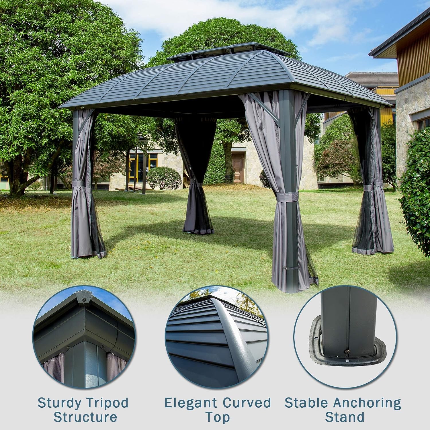 Domi Outdoor Gazebo 10'x12', Permanent Hardtop Gazebo with Aluminum Frame for Patios Deck Backyard, Galvanized Steel Double Roof, Curtains and Netting for Lawns, Garden, Poolside