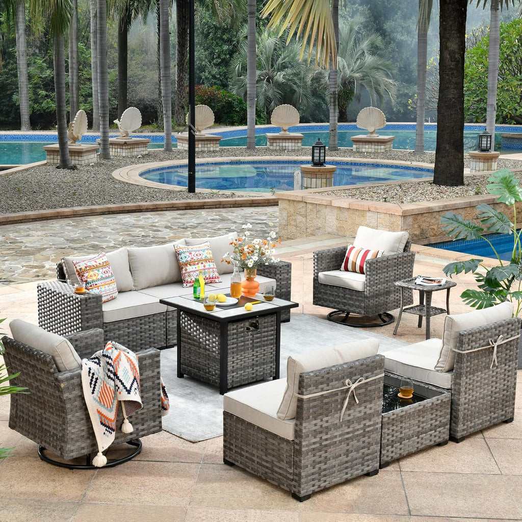 ovios 10 Pieces Patio Furniture Set, Outdoor Wicker Sectional Sofa with 30' Fire Pit Table Swivel Chairs, Modern Modular Deep Seat Rattan Couch Conversation Sets, Beige