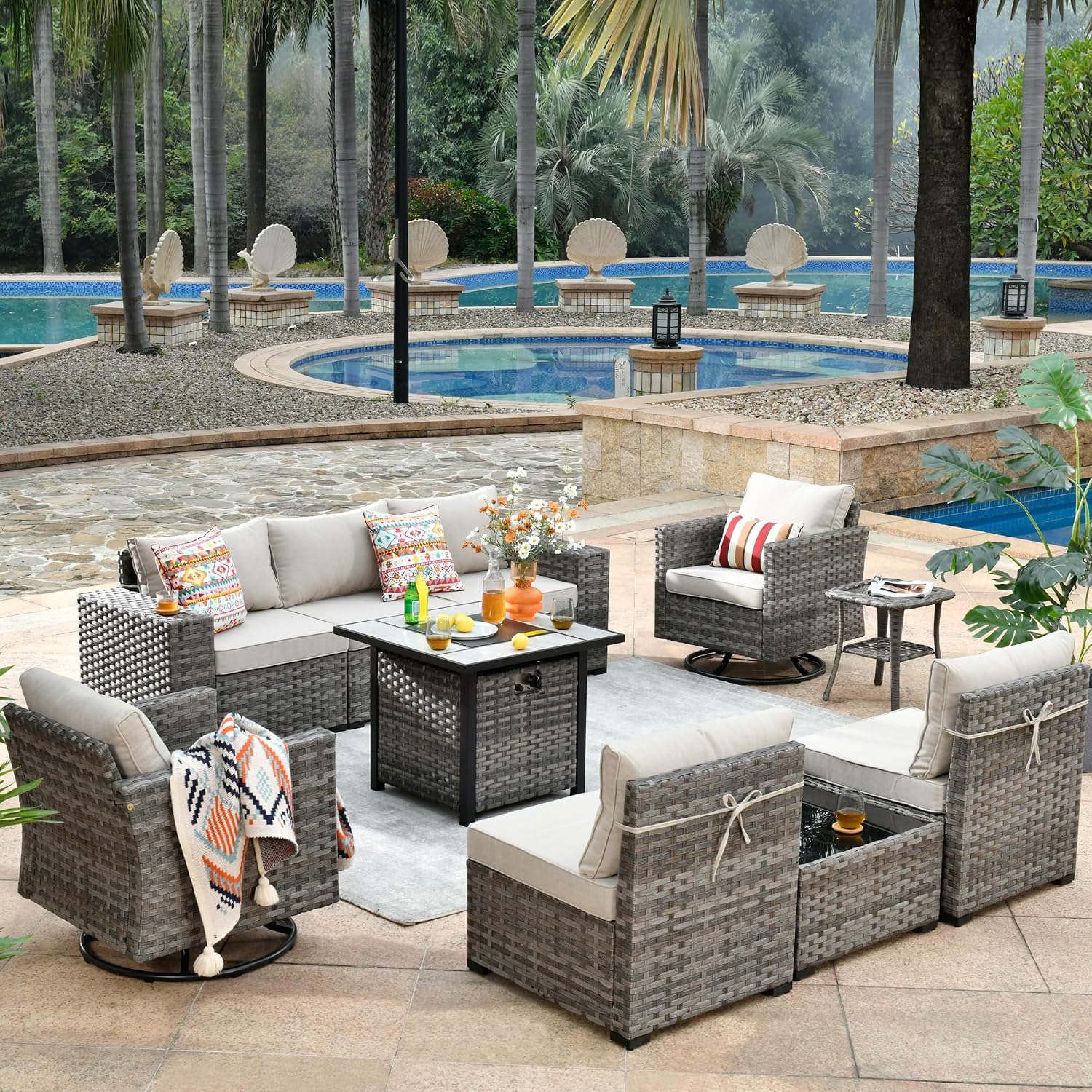 ovios 10 Pieces Patio Furniture Set, Outdoor Wicker Sectional Sofa with 30' Fire Pit Table Swivel Chairs, Modern Modular Deep Seat Rattan Couch Conversation Sets, Beige